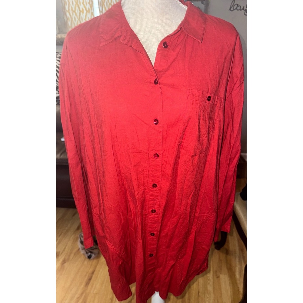 Gudrun Sjoden Red Organic Cotton Button Down Tunic Shirt Pockets L Large